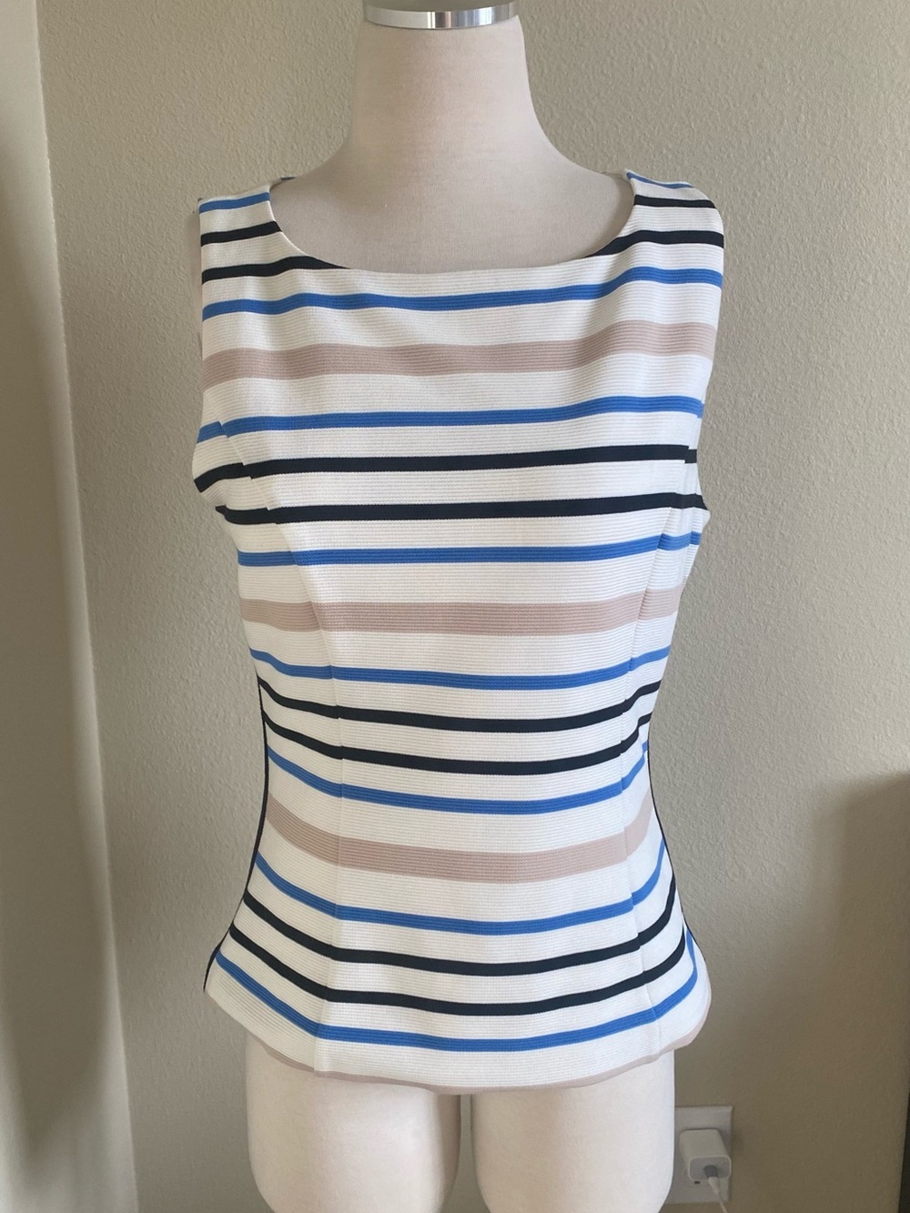 Sleeveless Striped Peplum Top - White, Blue & Tan